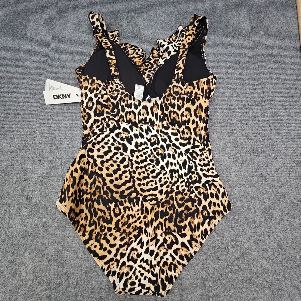 DKNY One Piece Swimsuit Women UPF 40+ M Brown Leopard Print Ruffle Tummy Control - Picture 3 of 9
